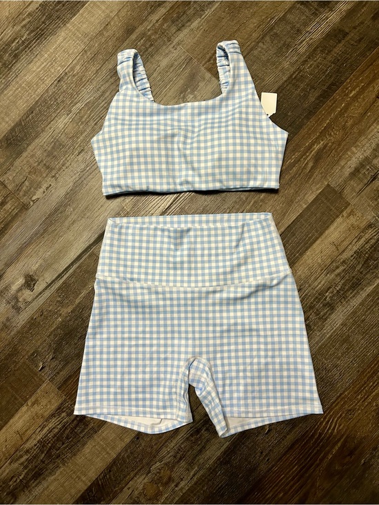 Pants - Blue & White Gingham Sports Bra and High-Waist Bike Shorts Set